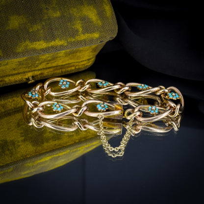 Antique Turquoise and Pearl Forget Me Not 9ct Gold Curb Link Bracelet | 7.5"