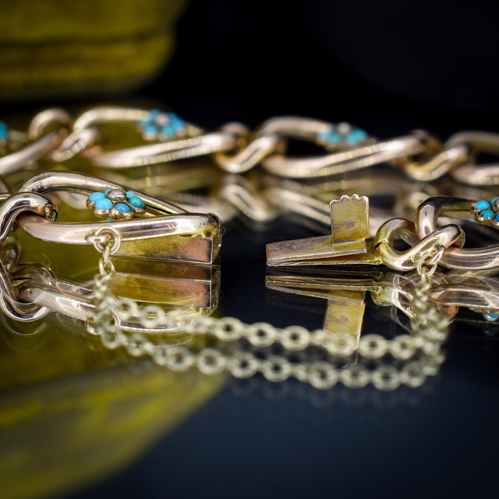 Antique Turquoise and Pearl Forget Me Not 9ct Gold Curb Link Bracelet | 7.5"