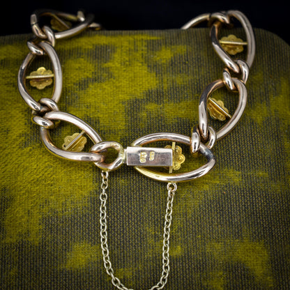 Antique Turquoise and Pearl Forget Me Not 9ct Gold Curb Link Bracelet | 7.5"