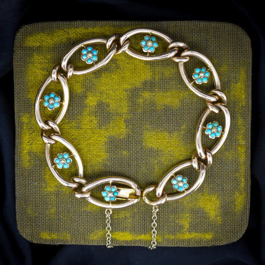 Antique Turquoise and Pearl Forget Me Not 9ct Gold Curb Link Bracelet | 7.5"