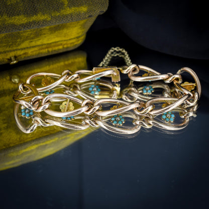Antique Turquoise and Pearl Forget Me Not 9ct Gold Curb Link Bracelet | 7.5"