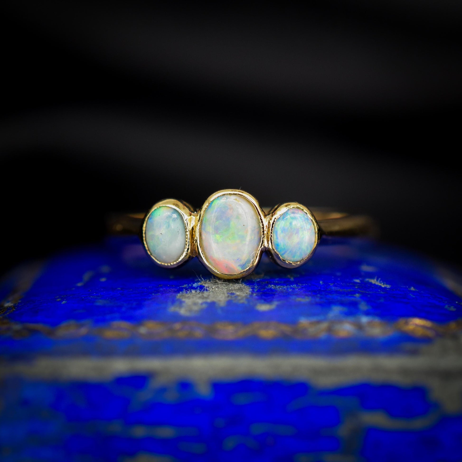Antique Bezel Opal Three Stone Trilogy 18ct Gold Ring Band