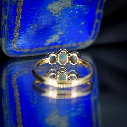 Antique Bezel Opal Three Stone Trilogy 18ct Gold Ring Band