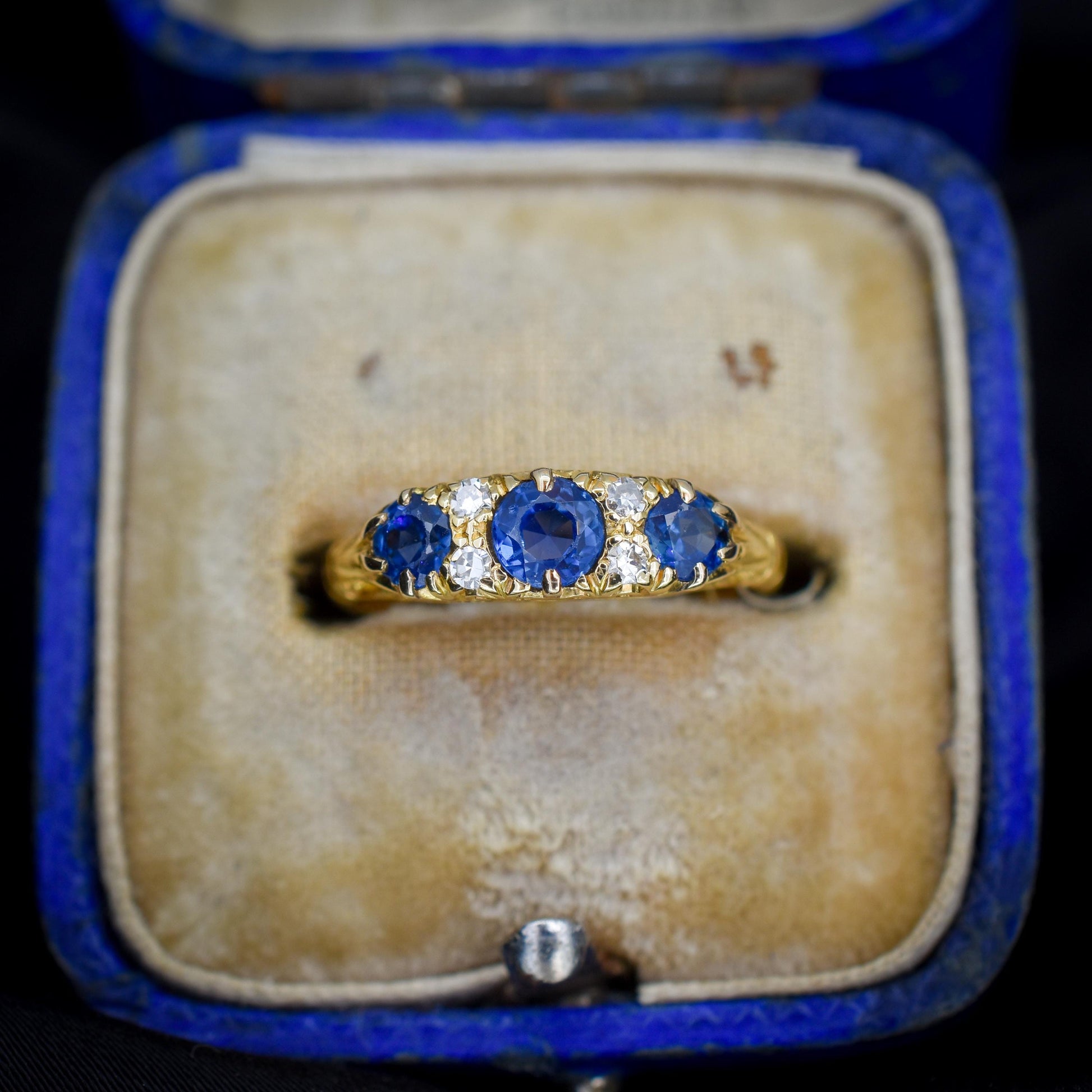 Vintage Blue Sapphire and Diamond Three Stone 18ct Yellow Gold Ring