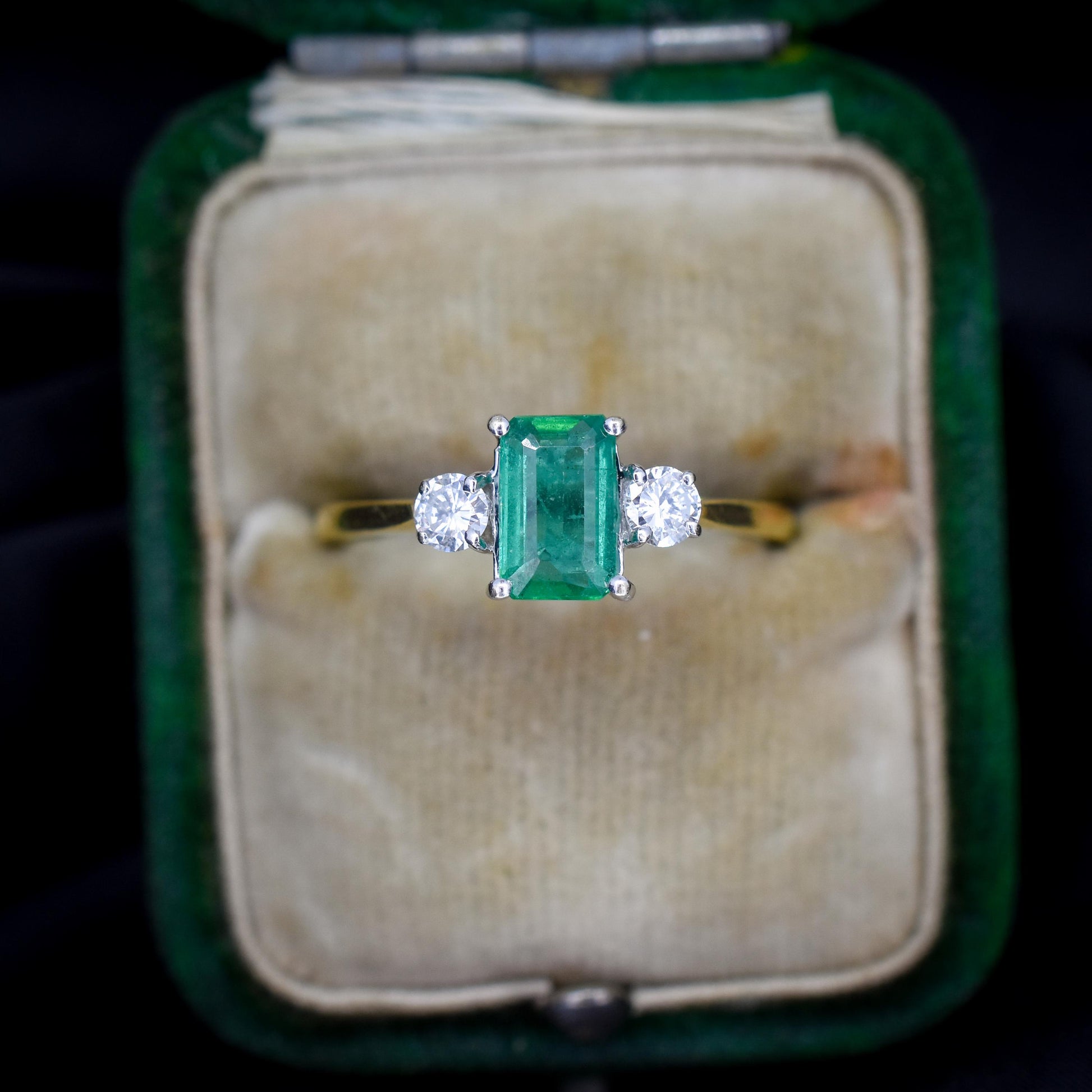 Vintage Emerald and Diamond Three Stone 18ct Gold Ring