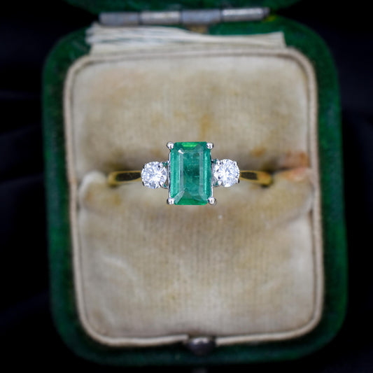 Vintage Emerald and Diamond Three Stone 18ct Gold Ring
