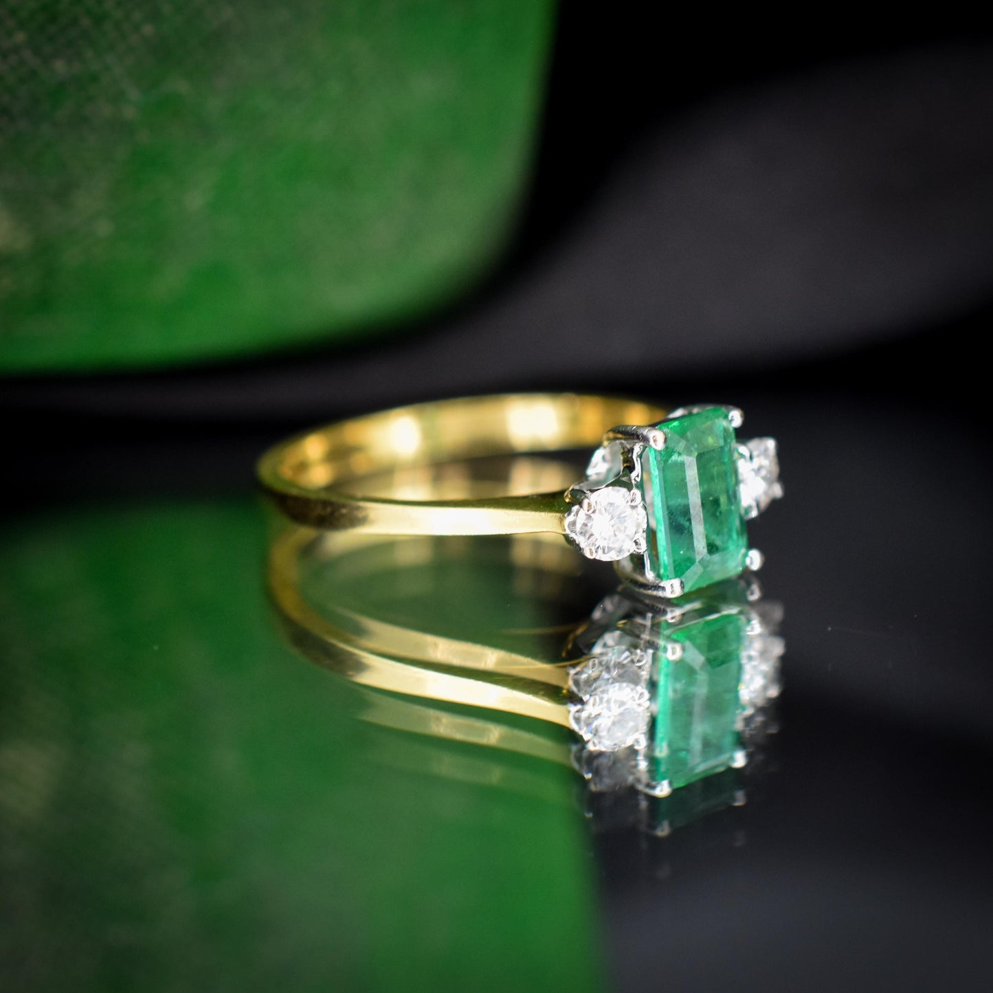 Vintage Emerald and Diamond Three Stone 18ct Gold Ring