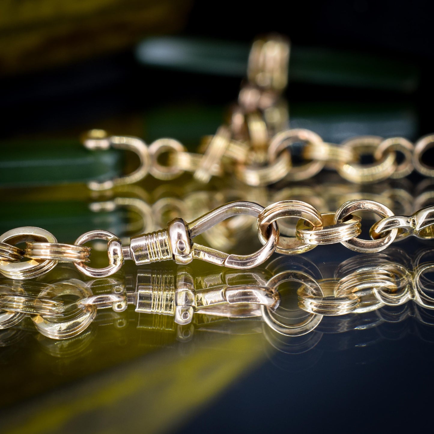 Vintage 14ct Yellow Gold Fancy Link Nephrite Albert Chain Necklace with T Bar | 15.5"