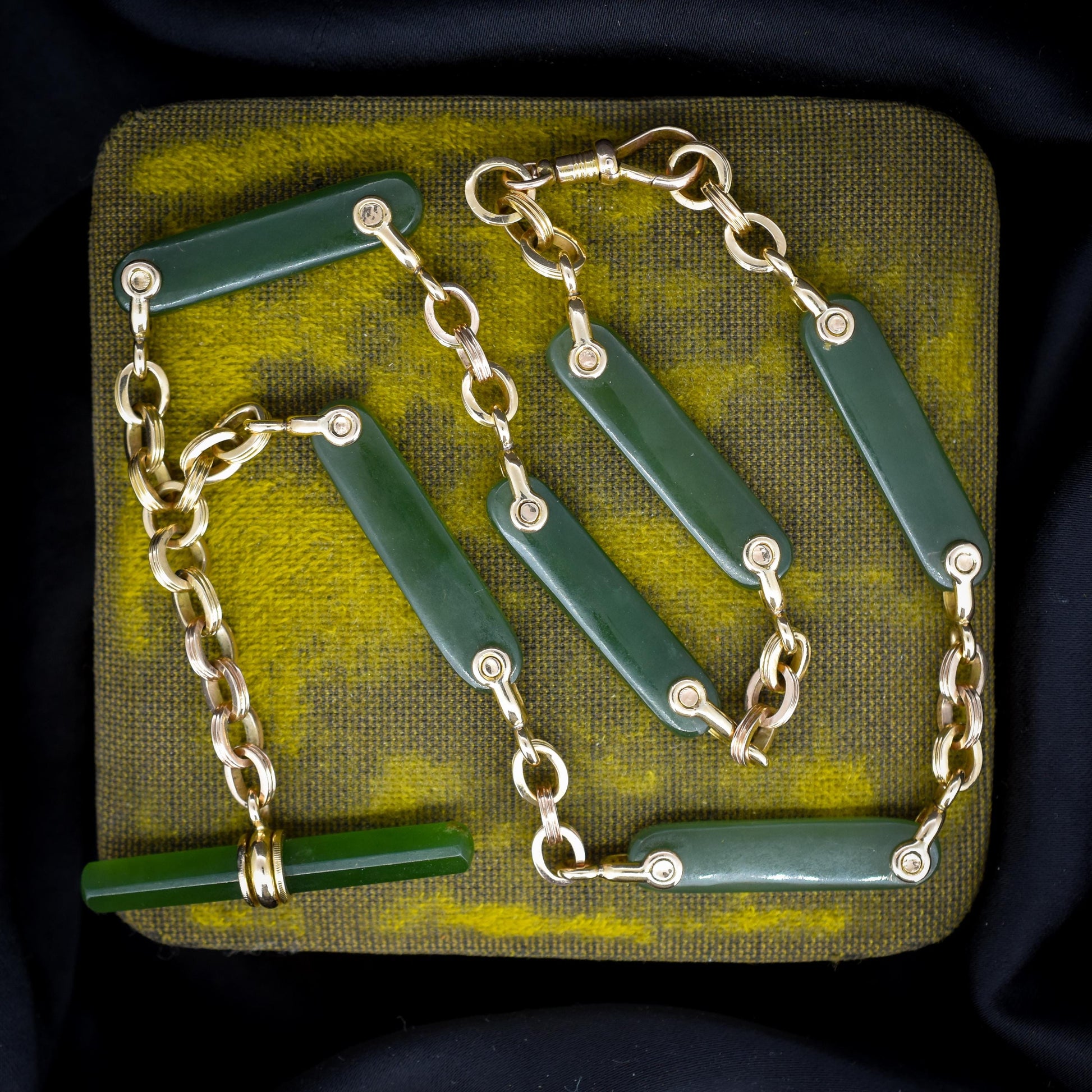 Vintage 14ct Yellow Gold Fancy Link Nephrite Albert Chain Necklace with T Bar | 15.5"