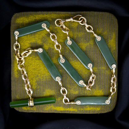 Vintage 14ct Yellow Gold Fancy Link Nephrite Albert Chain Necklace with T Bar | 15.5"