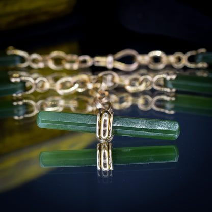 Vintage 14ct Yellow Gold Fancy Link Nephrite Albert Chain Necklace with T Bar | 15.5"