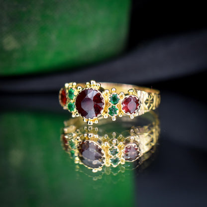 Antique Garnet and Emerald 15ct Gold Scroll Ring | Dated 1887