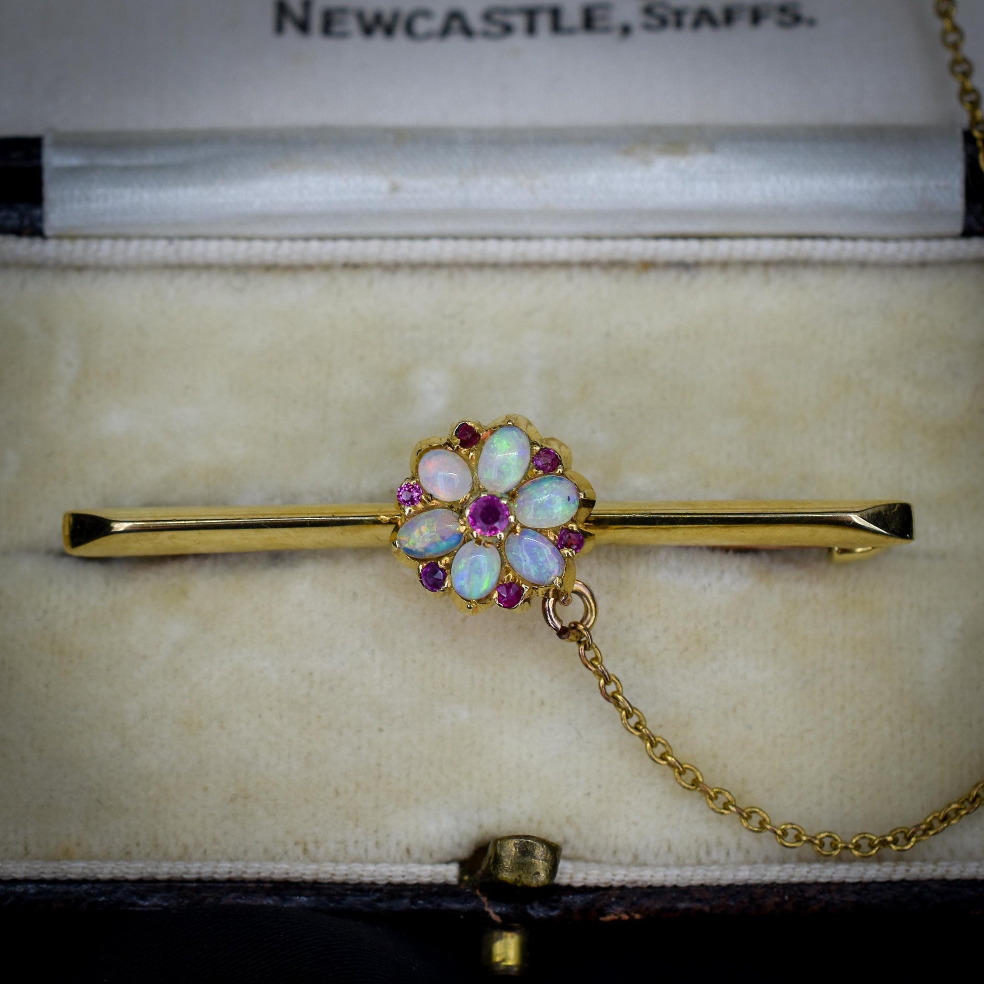 Antique Natural Opal and Ruby Flower 15ct Gold Bar Brooch Pin