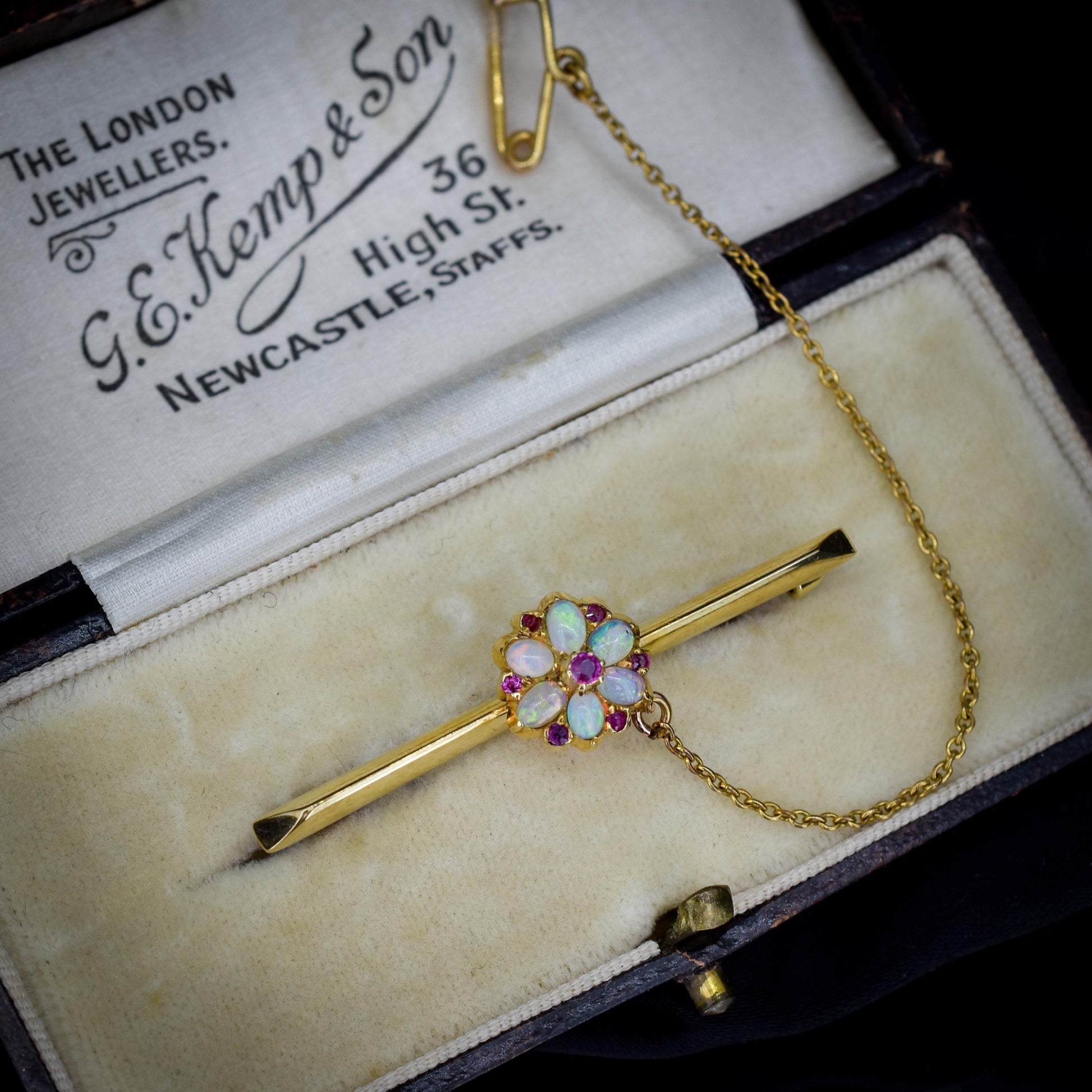 Antique Natural Opal and Ruby Flower 15ct Gold Bar Brooch Pin