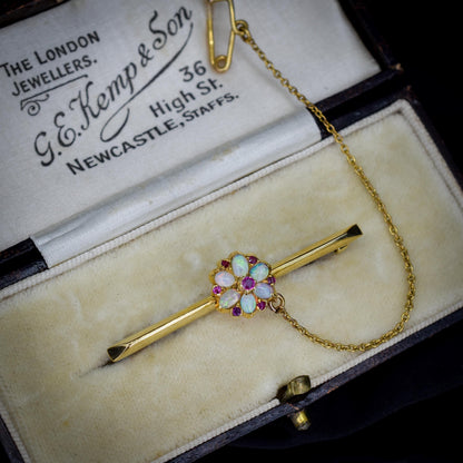 Antique Natural Opal and Ruby Flower 15ct Gold Bar Brooch Pin