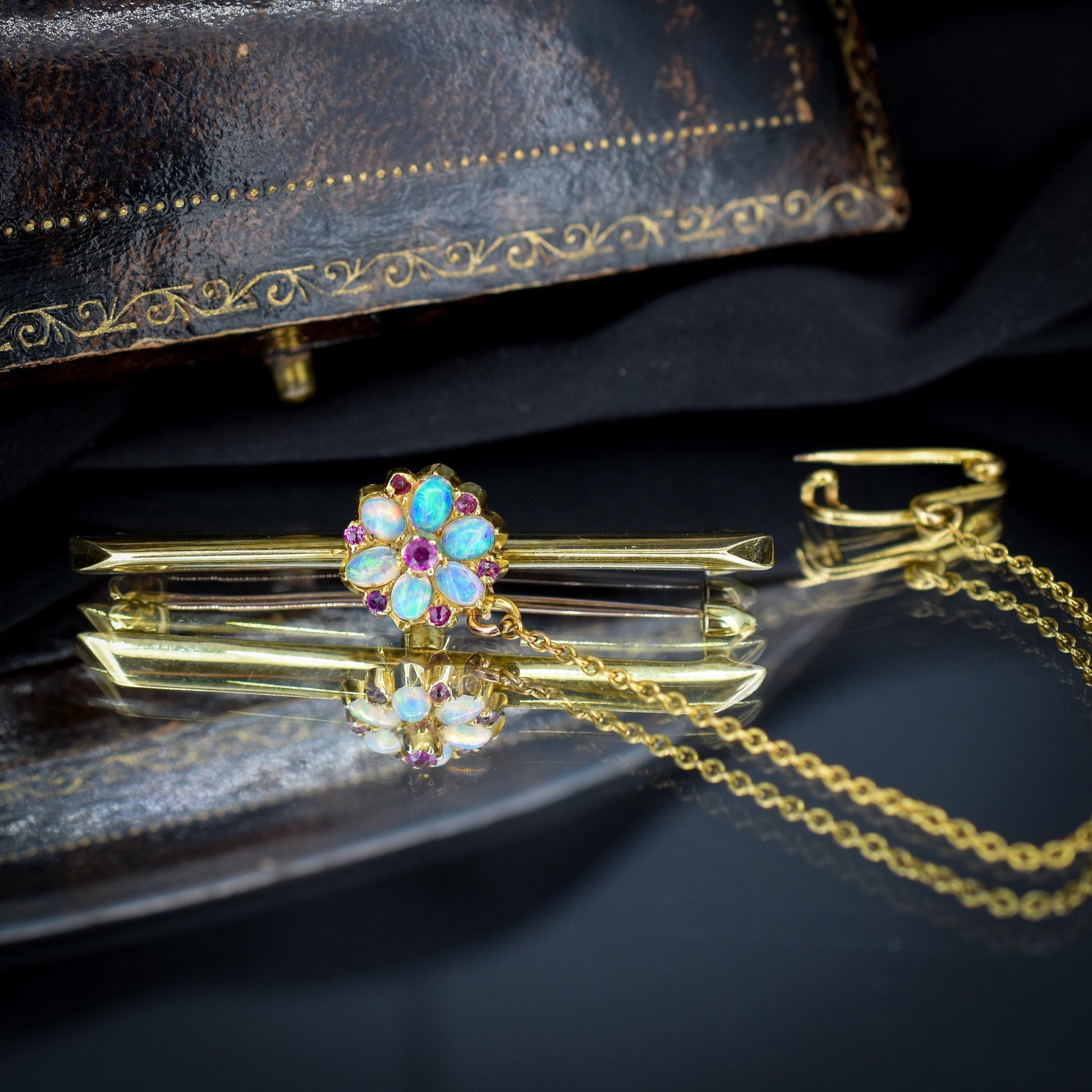 Antique Natural Opal and Ruby Flower 15ct Gold Bar Brooch Pin