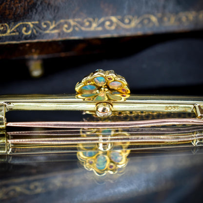 Antique Natural Opal and Ruby Flower 15ct Gold Bar Brooch Pin