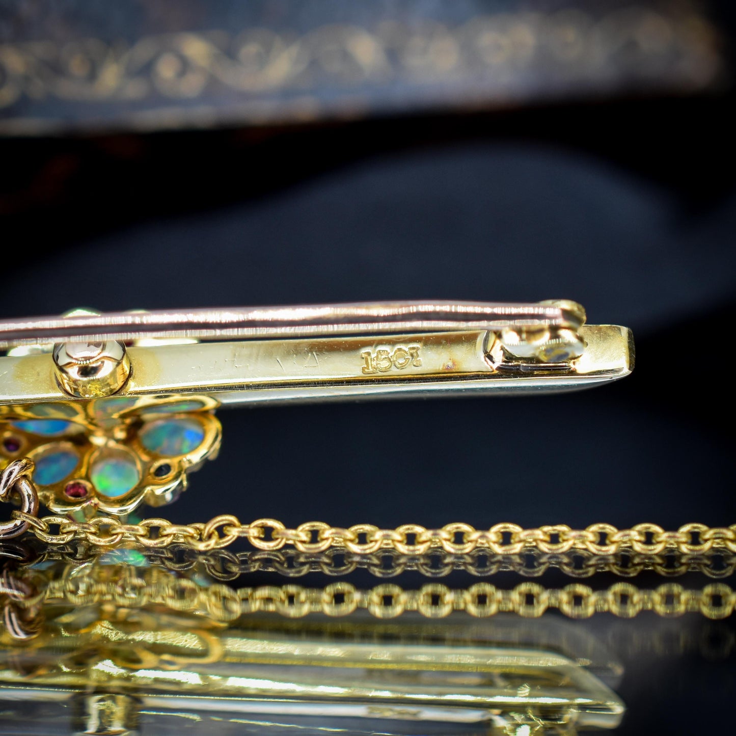 Antique Natural Opal and Ruby Flower 15ct Gold Bar Brooch Pin