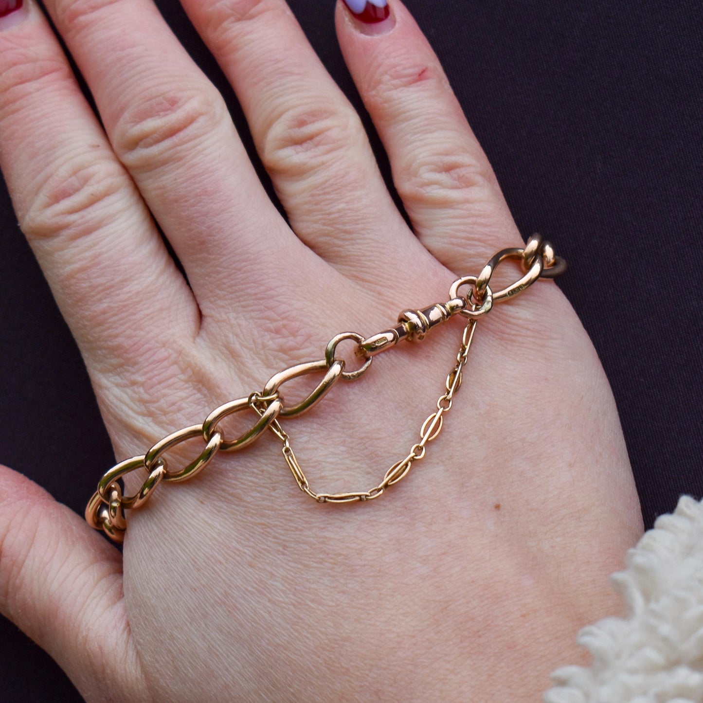 Antique 9ct Gold Twisted Open Curb Link Bracelet with Dog Clip | 8"