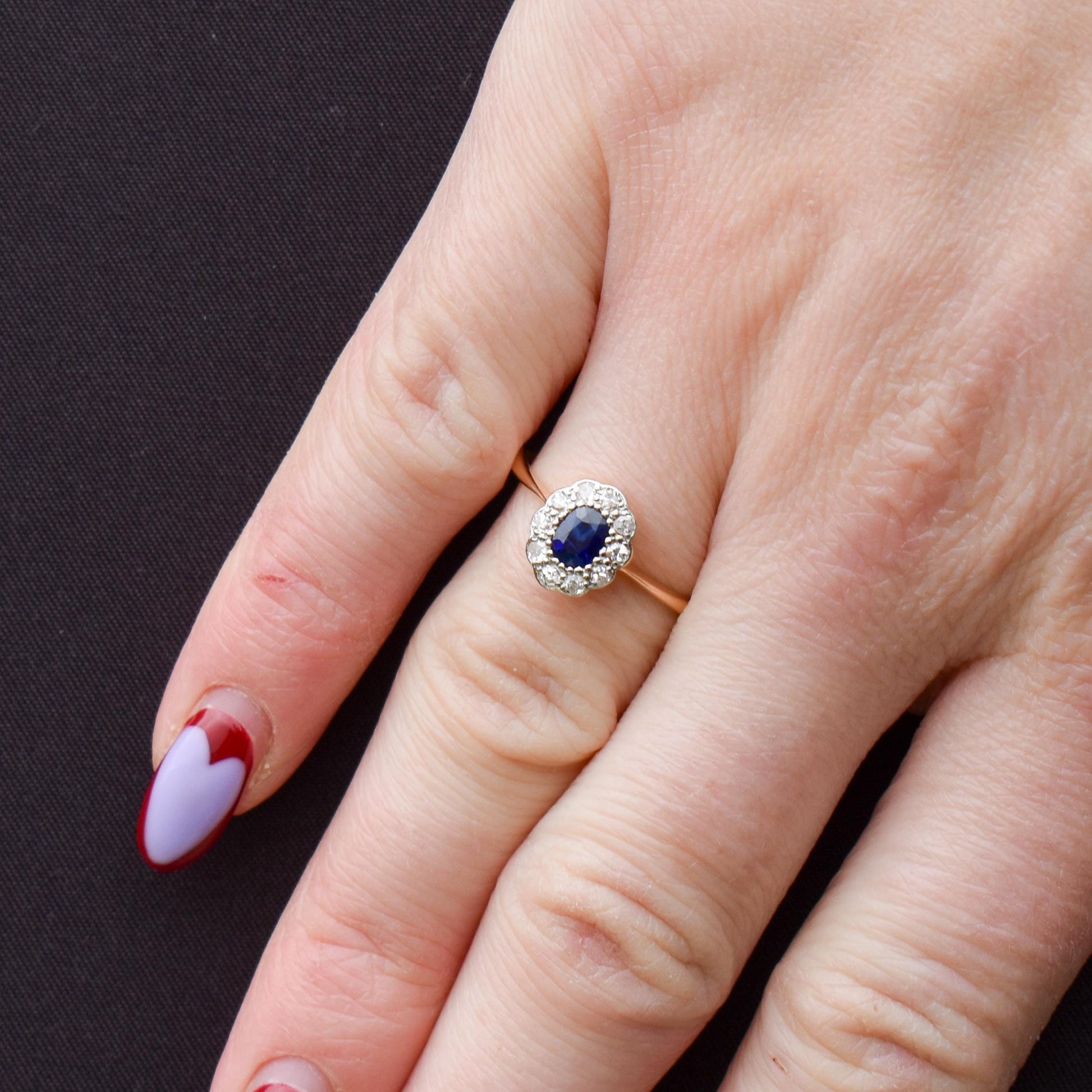 Antique Sapphire and Diamond Oval Cluster 18ct Gold and Platinum Ring