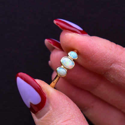 Antique Bezel Opal Three Stone Trilogy 18ct Gold Ring Band