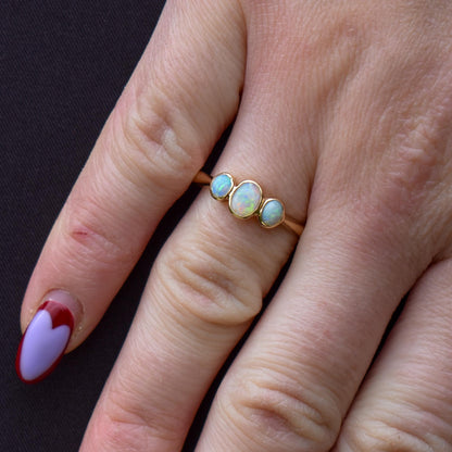 Antique Bezel Opal Three Stone Trilogy 18ct Gold Ring Band