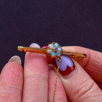 Antique Natural Opal and Ruby Flower 15ct Gold Bar Brooch Pin