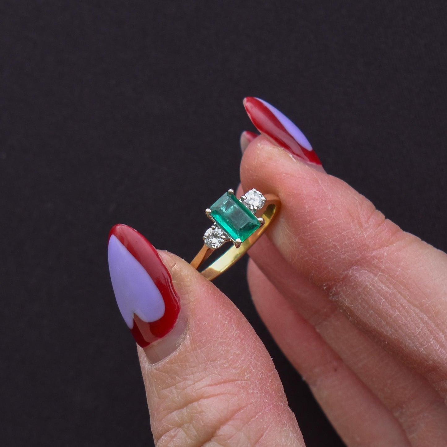 Vintage Emerald and Diamond Three Stone 18ct Gold Ring