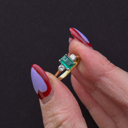 Vintage Emerald and Diamond Three Stone 18ct Gold Ring