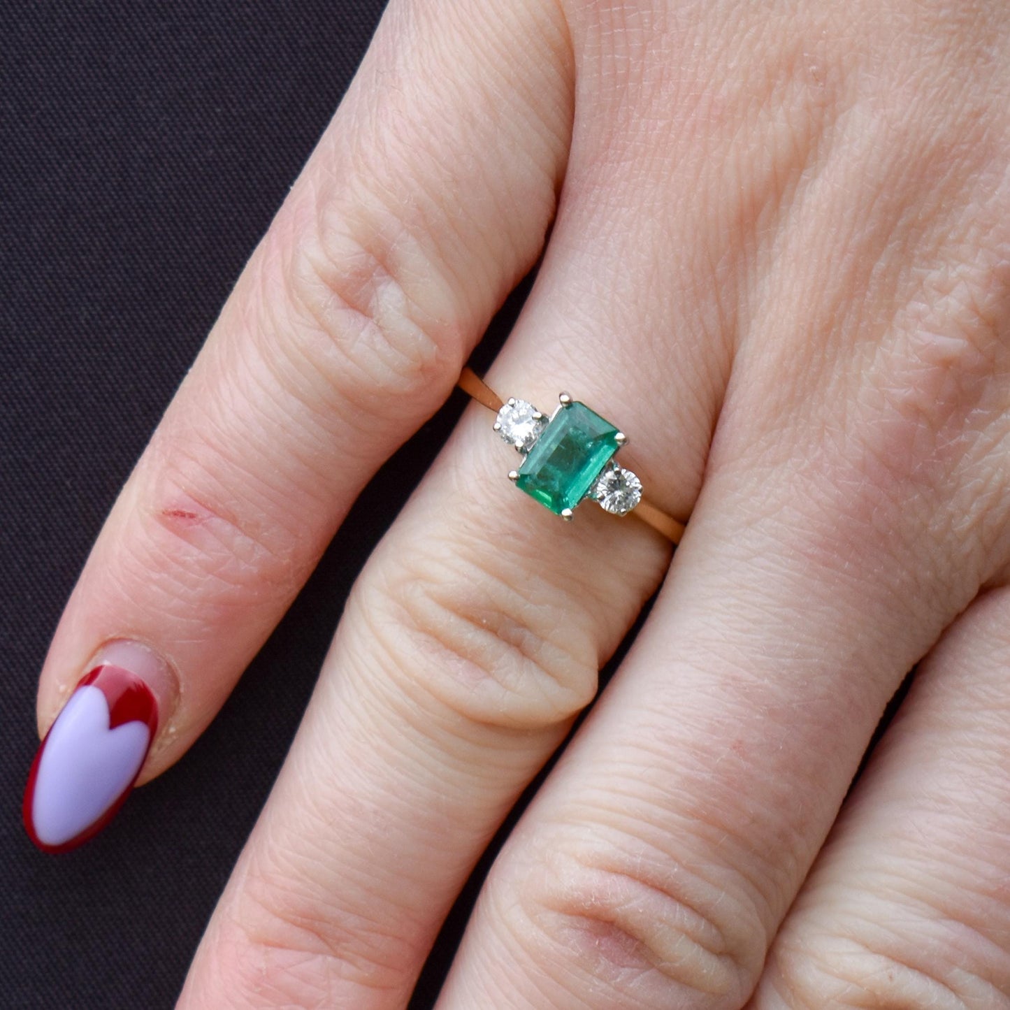 Vintage Emerald and Diamond Three Stone 18ct Gold Ring