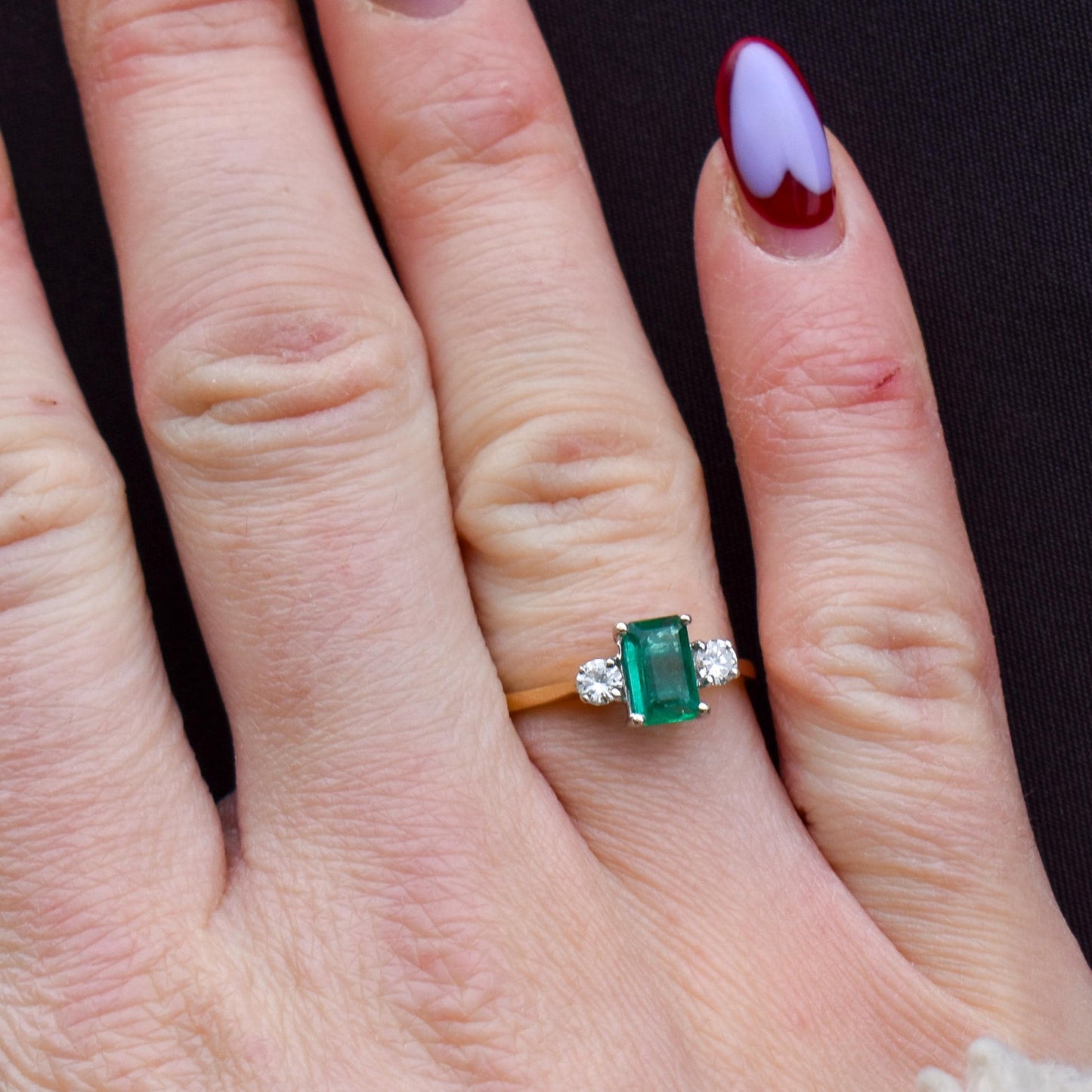 Vintage Emerald and Diamond Three Stone 18ct Gold Ring