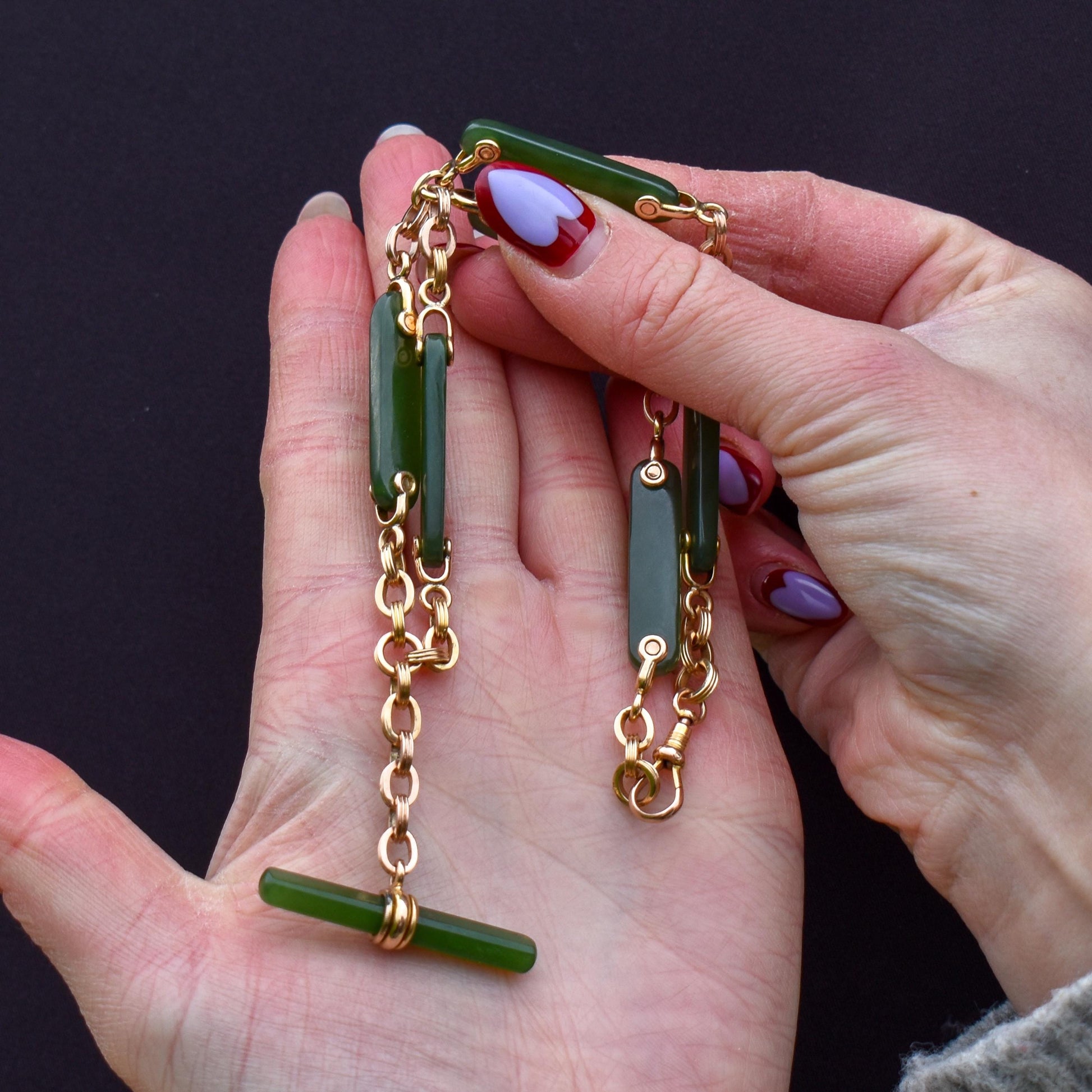 Vintage 14ct Yellow Gold Fancy Link Nephrite Albert Chain Necklace with T Bar | 15.5"