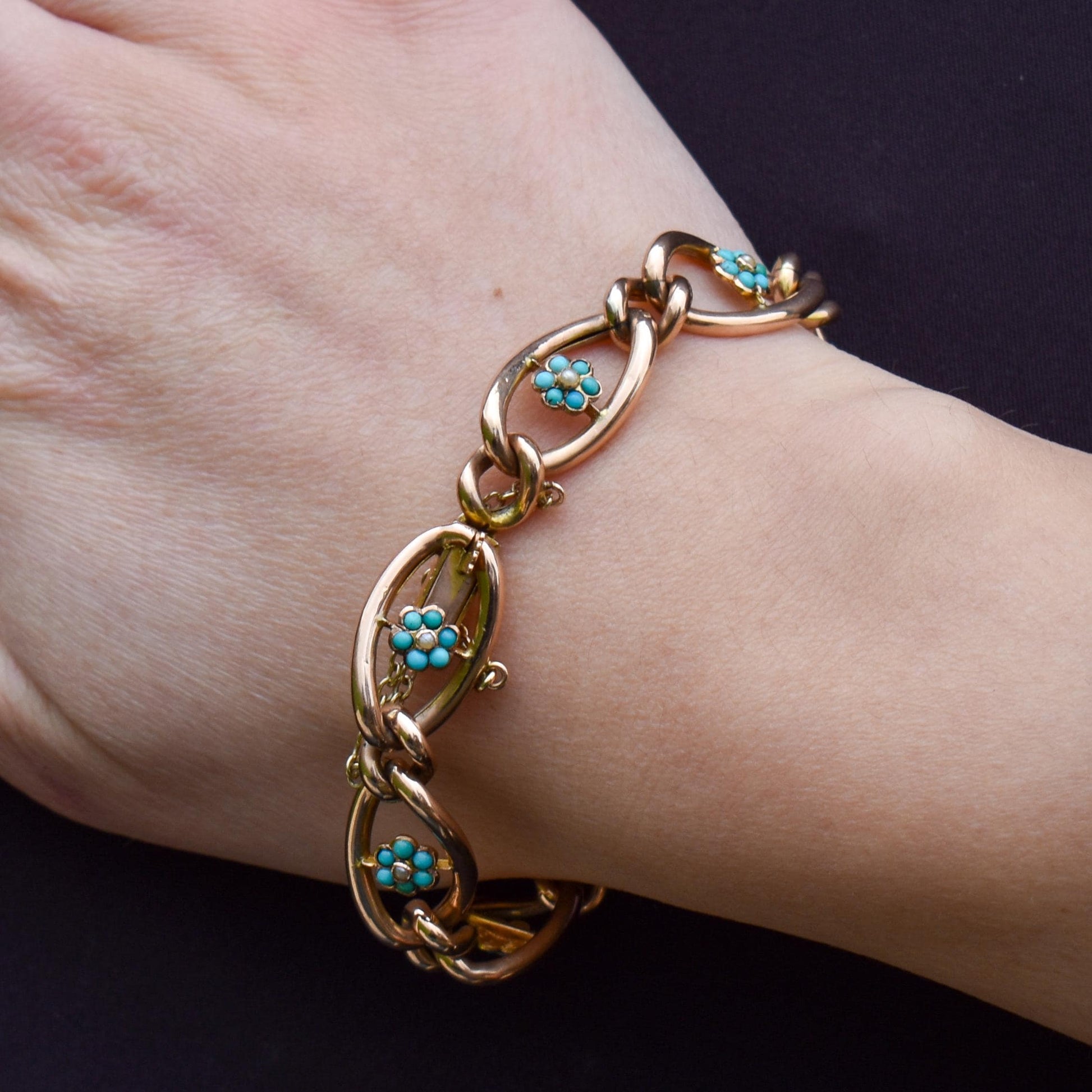 Antique Turquoise and Pearl Forget Me Not 9ct Gold Curb Link Bracelet | 7.5"