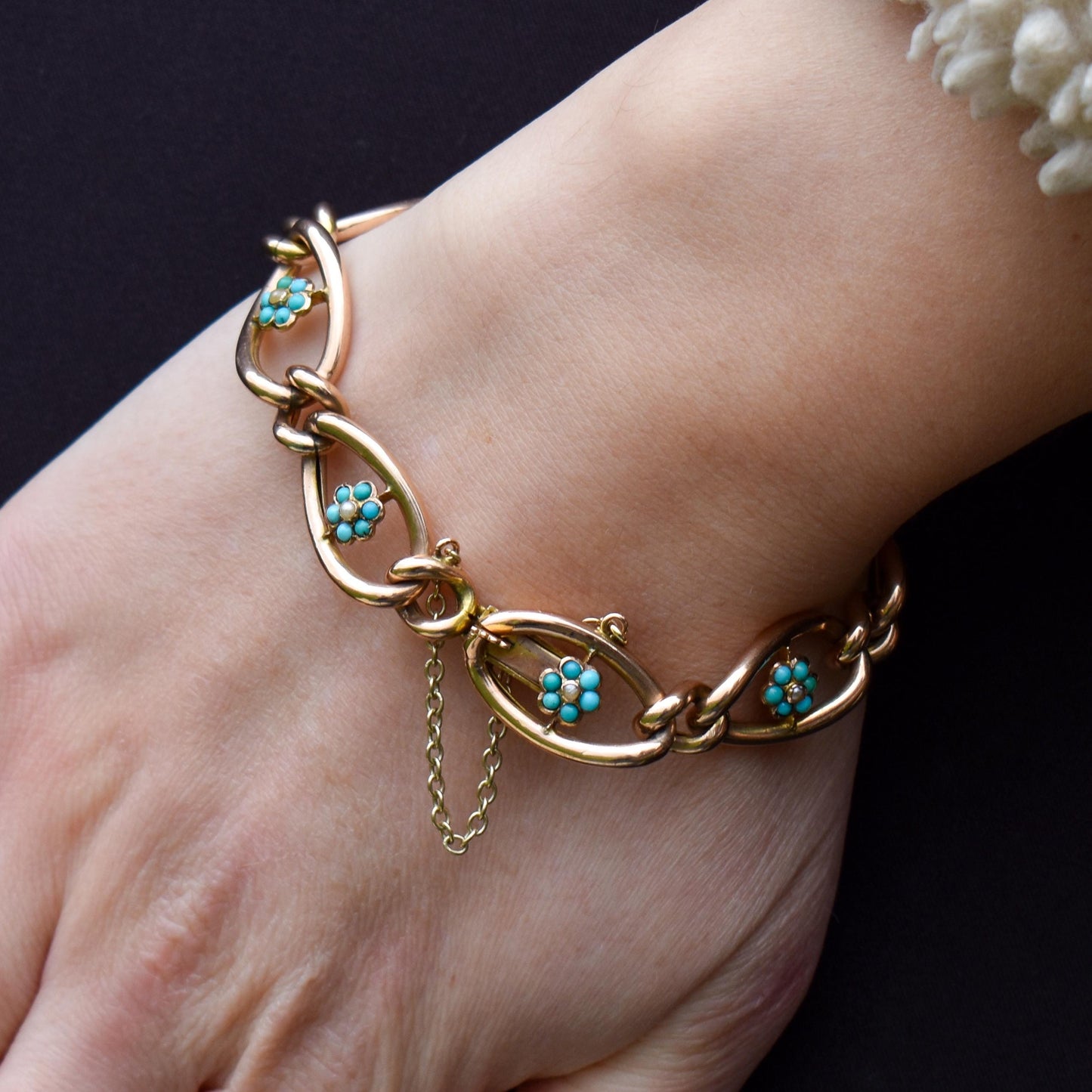 Antique Turquoise and Pearl Forget Me Not 9ct Gold Curb Link Bracelet | 7.5"