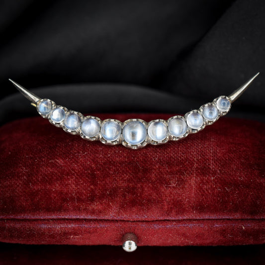 Antique Moonstone Crescent Moon Sterling Silver Brooch Pin
