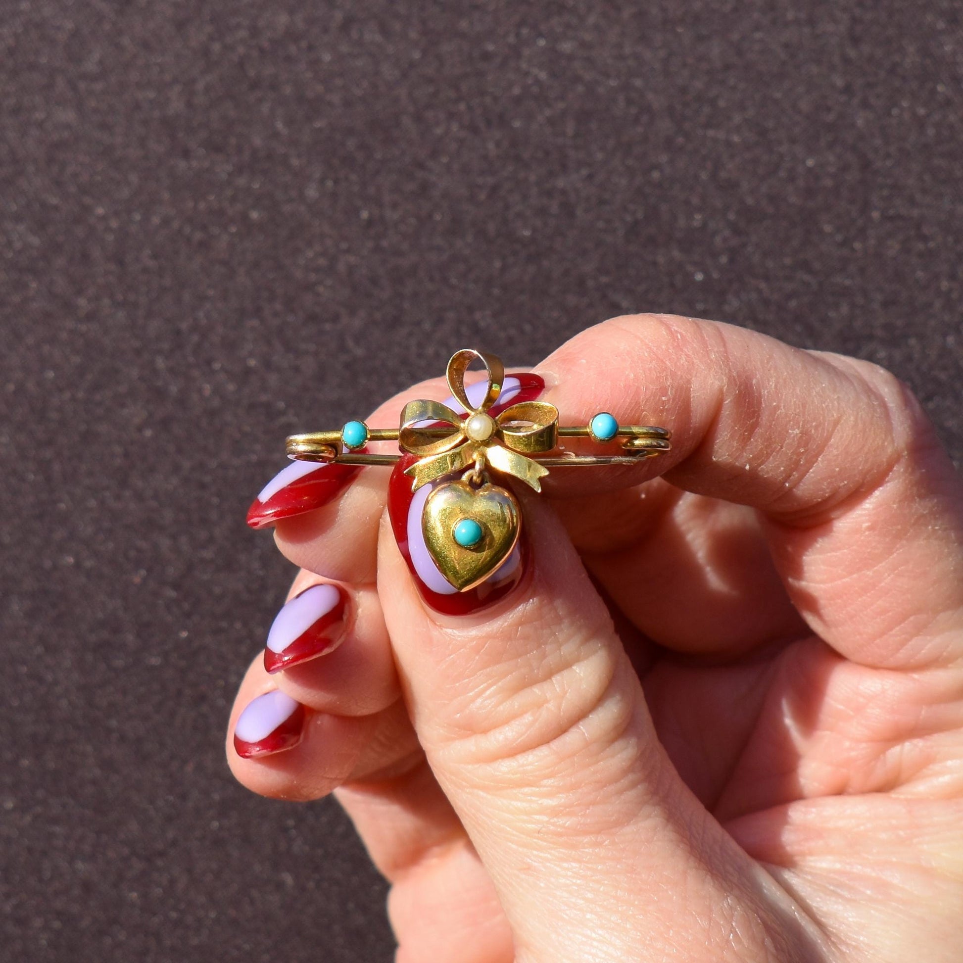 Antique Turquoise Pearl Gold Bow Brooch Pin with Heart Drop