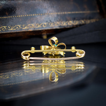 Antique Turquoise Pearl Gold Bow Brooch Pin with Heart Drop