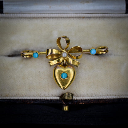 Antique Turquoise Pearl Gold Bow Brooch Pin with Heart Drop