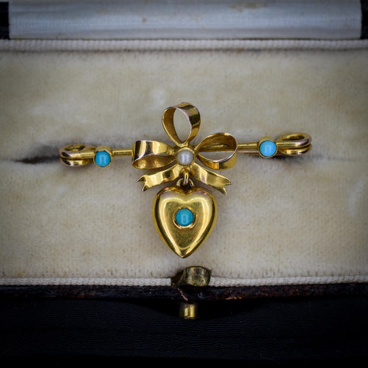 Antique Turquoise Pearl Gold Bow Brooch Pin with Heart Drop