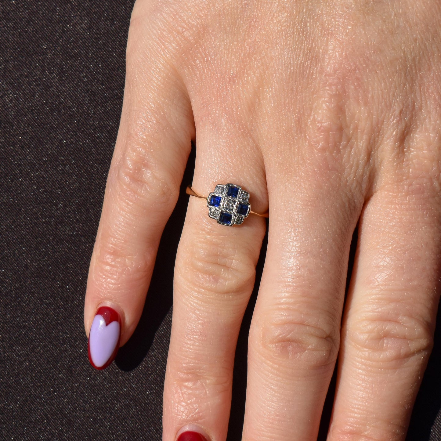 Art Deco Blue Sapphire and Diamond 18ct Gold Checkerboard Ring