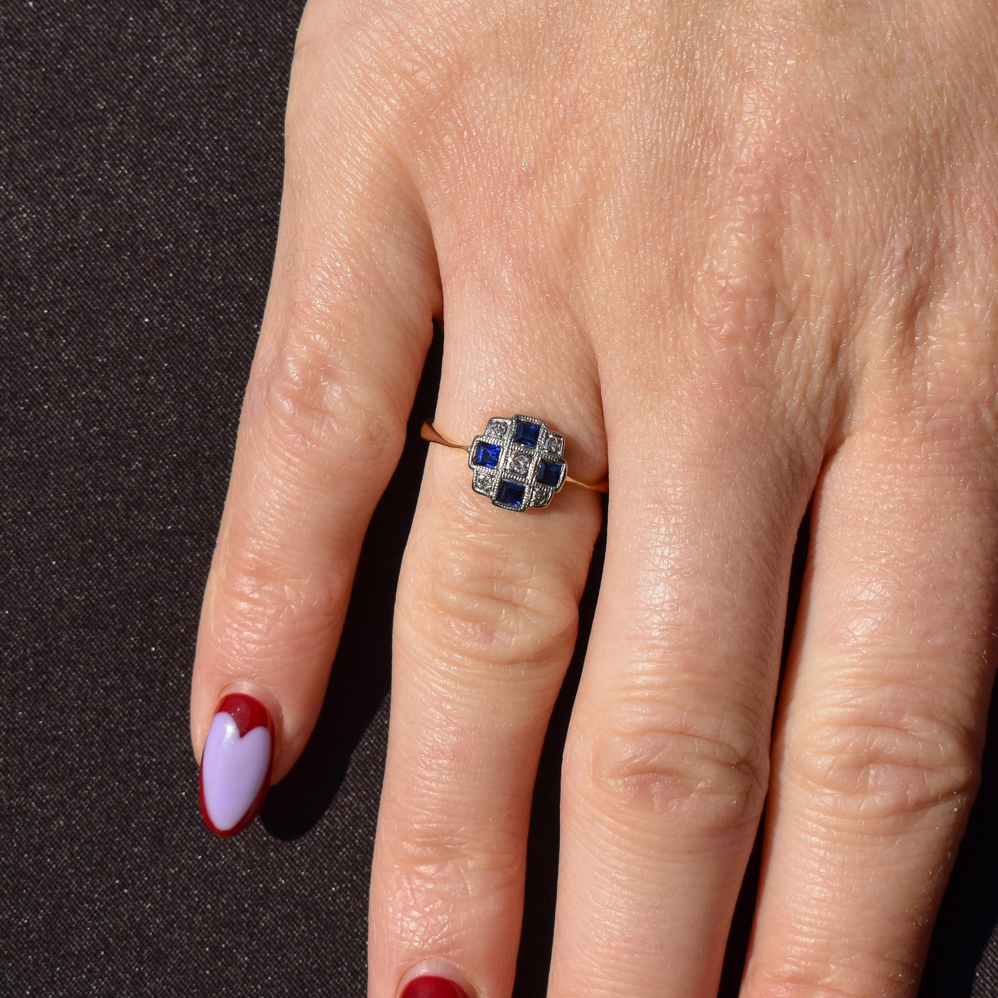 Art Deco Blue Sapphire and Diamond 18ct Gold Checkerboard Ring