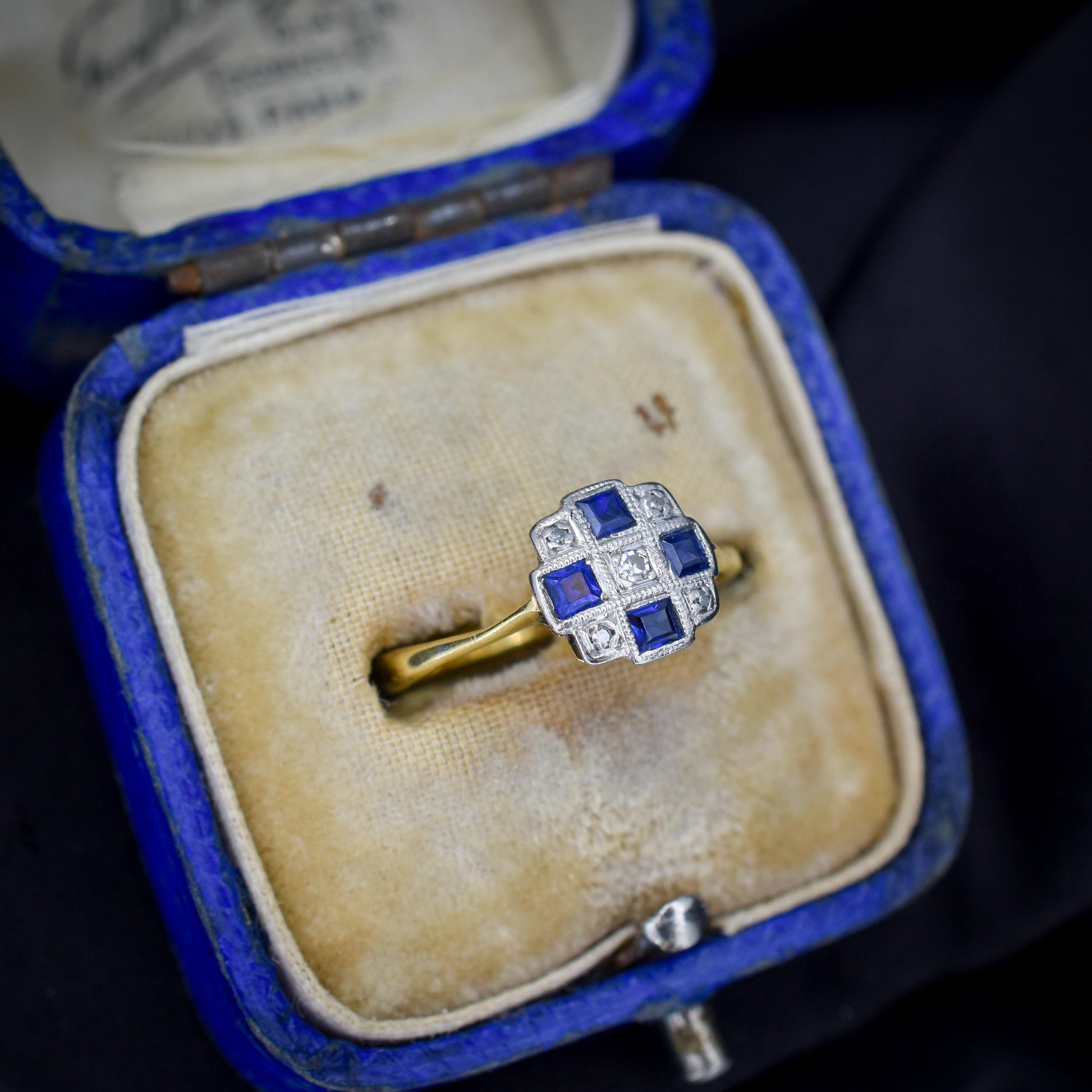 Art Deco Blue Sapphire and Diamond 18ct Gold Checkerboard Ring