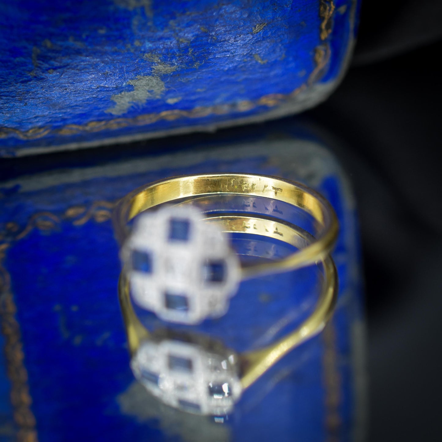 Art Deco Blue Sapphire and Diamond 18ct Gold Checkerboard Ring