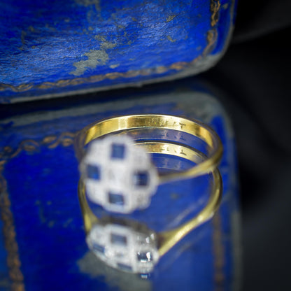 Art Deco Blue Sapphire and Diamond 18ct Gold Checkerboard Ring