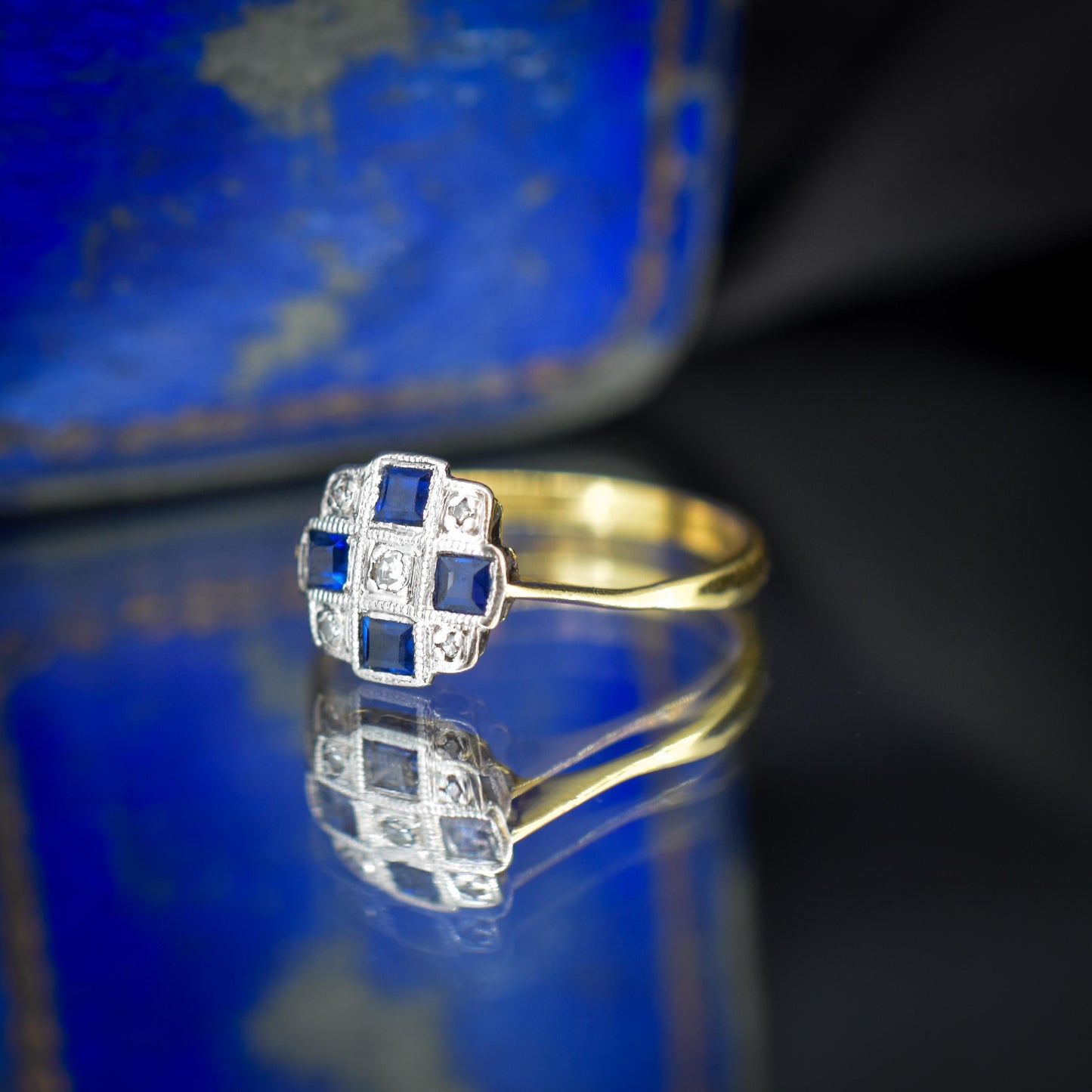 Art Deco Blue Sapphire and Diamond 18ct Gold Checkerboard Ring