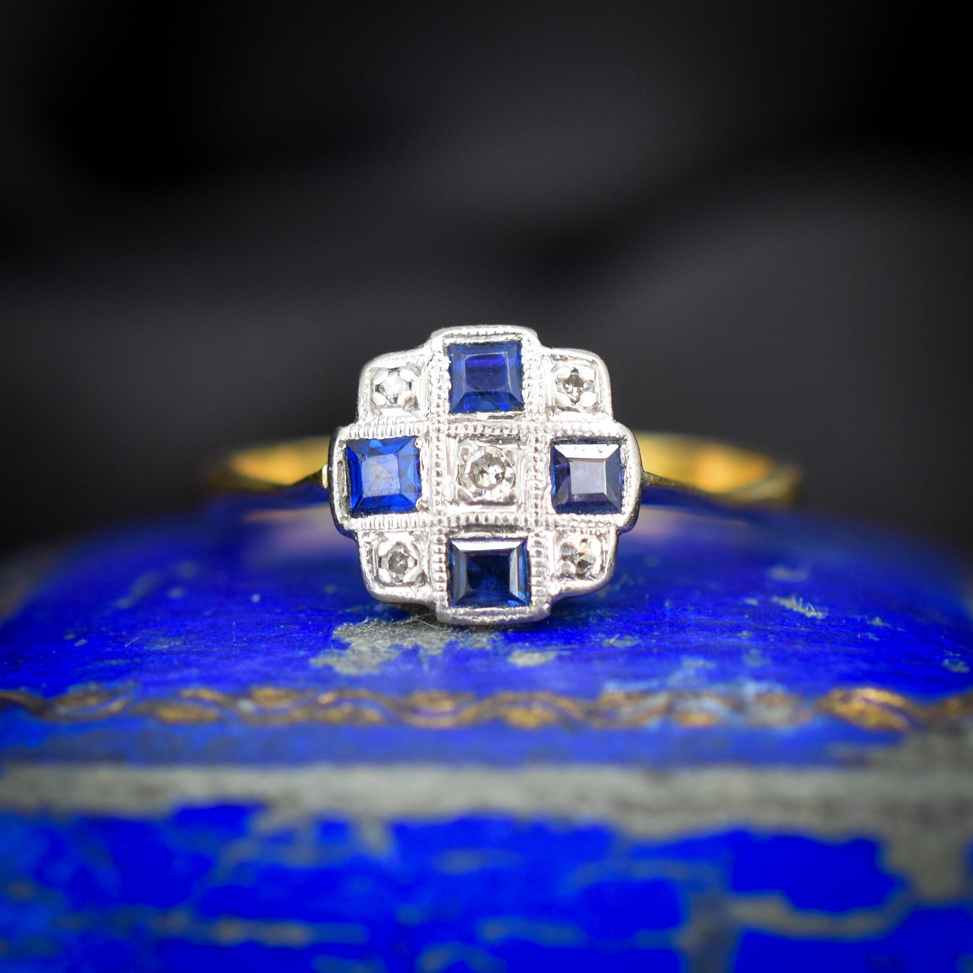 Art Deco Blue Sapphire and Diamond 18ct Gold Checkerboard Ring