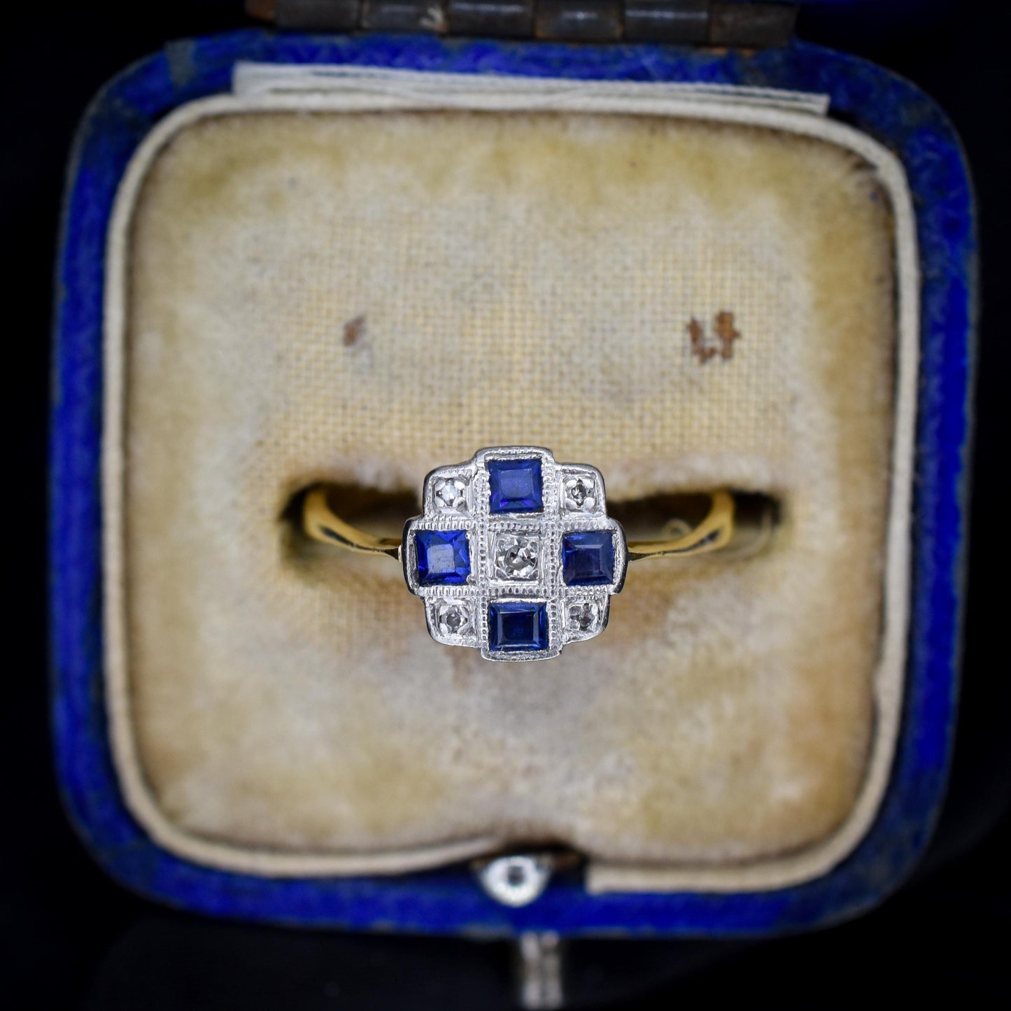 Art Deco Blue Sapphire and Diamond 18ct Gold Checkerboard Ring