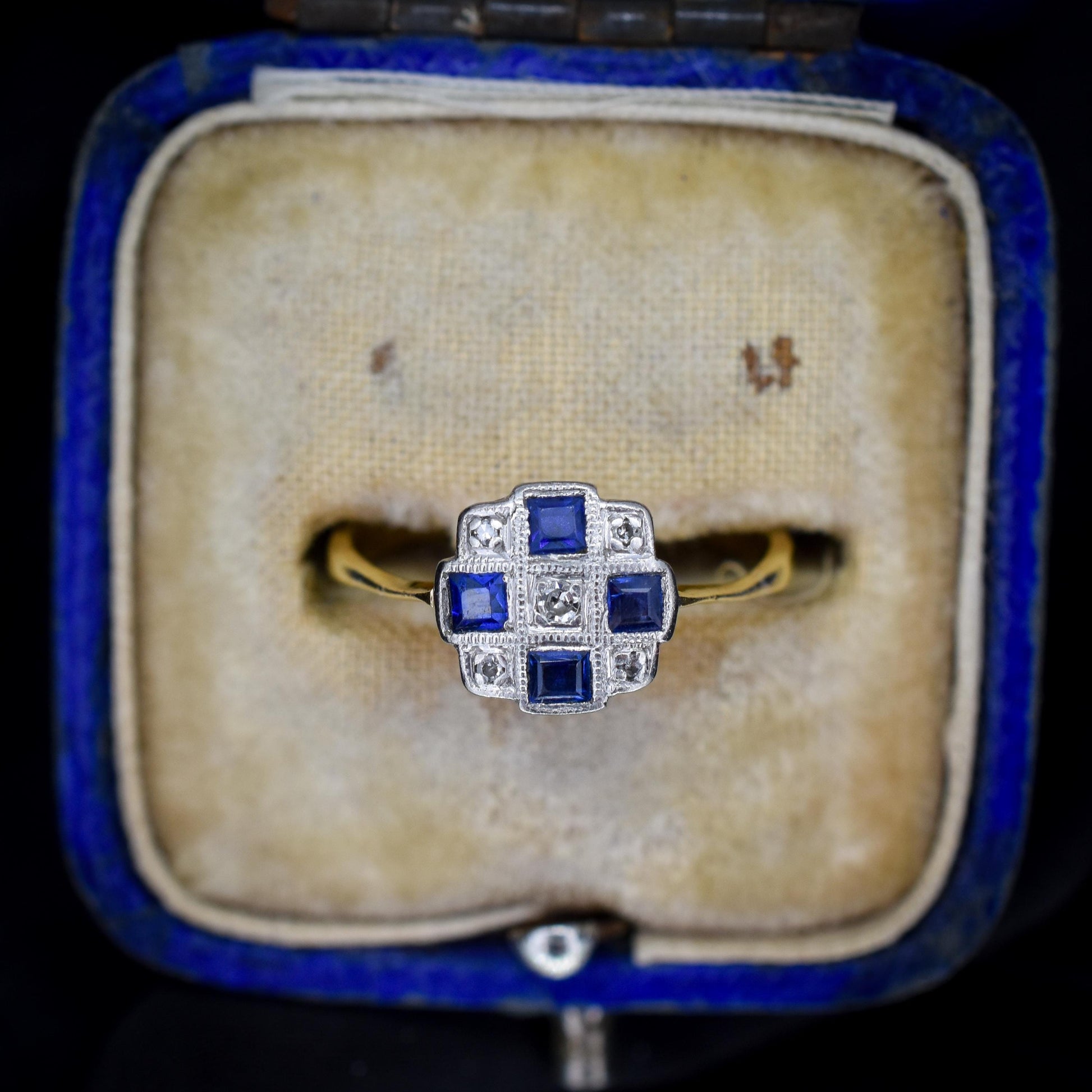 Art Deco Blue Sapphire and Diamond 18ct Gold Checkerboard Ring
