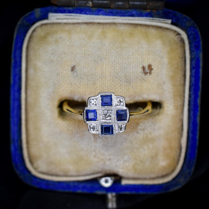 Art Deco Blue Sapphire and Diamond 18ct Gold Checkerboard Ring
