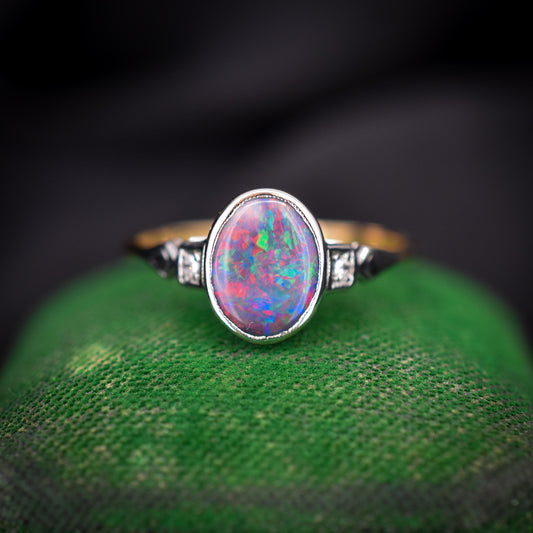 Art Deco Black Opal and Diamond Oval 18ct Gold and Platinum Ring